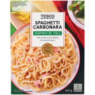 Tesco Spaghetti carbonara főtt spagetti- tészta sajtos szósszal és sült, füstölt szalonnával